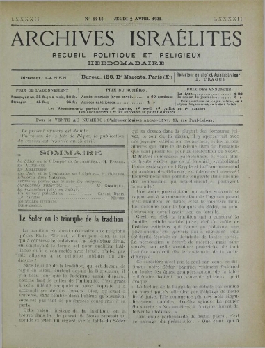 Archives israélites de France. Vol.92 N°14-15 (02 avr. 1931)